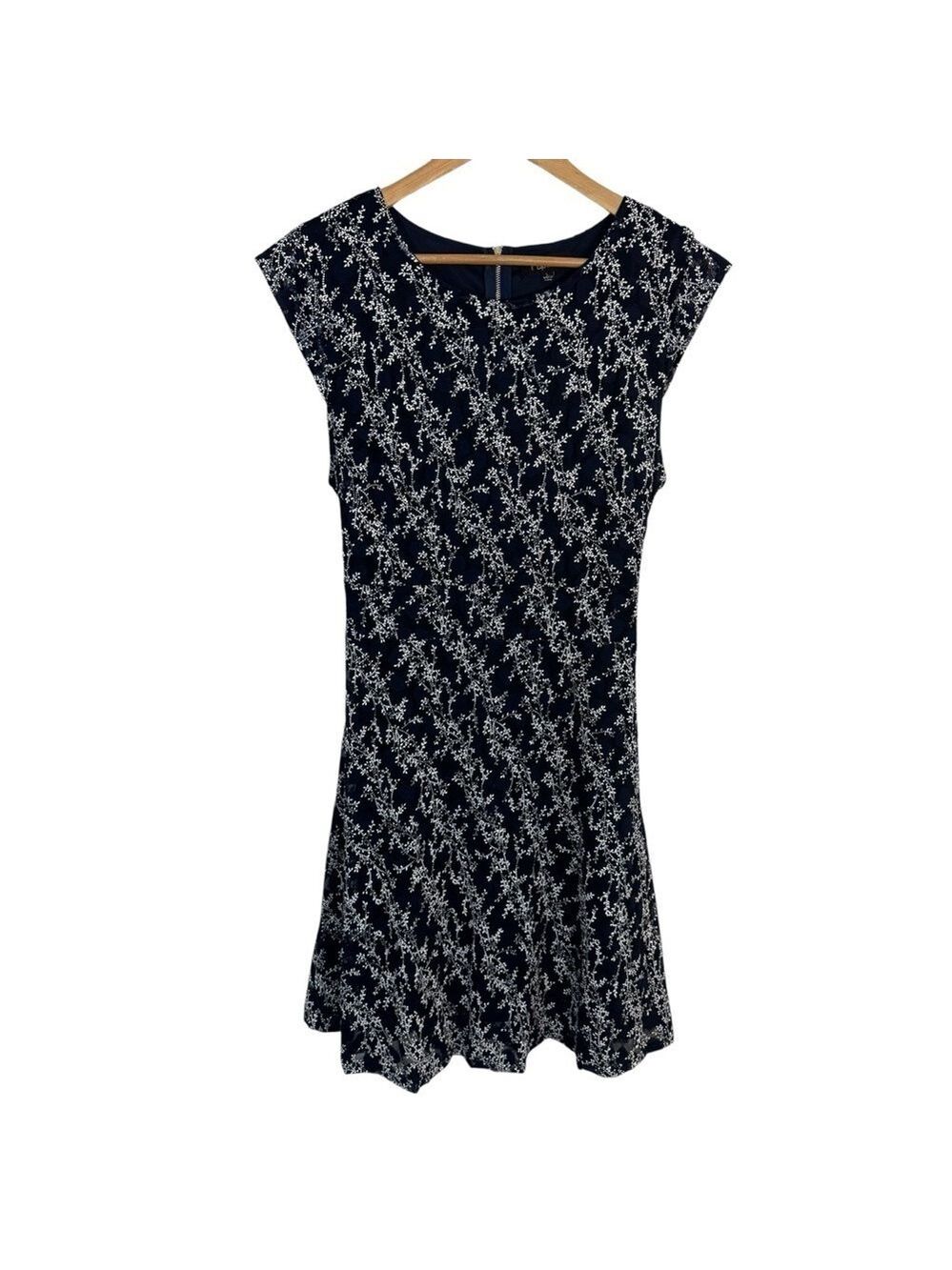 Papillon Stretchy Floral A-Line Dress Sz L Navy Sundress Fitted 90s Y2K Delicate